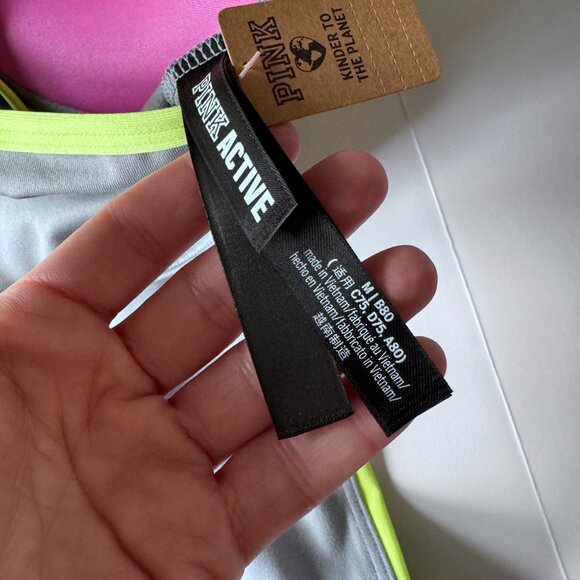 PINK Victoria's Secret Activewear Set Sports Bra and Bike Shorts Gray Lime Green - Picture 7 of 16